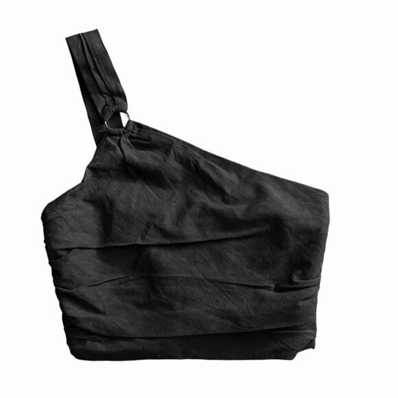 Zara Crop Top One Shoulder Linen Blend Black Ruched Size Medium - Picture 1 of 6